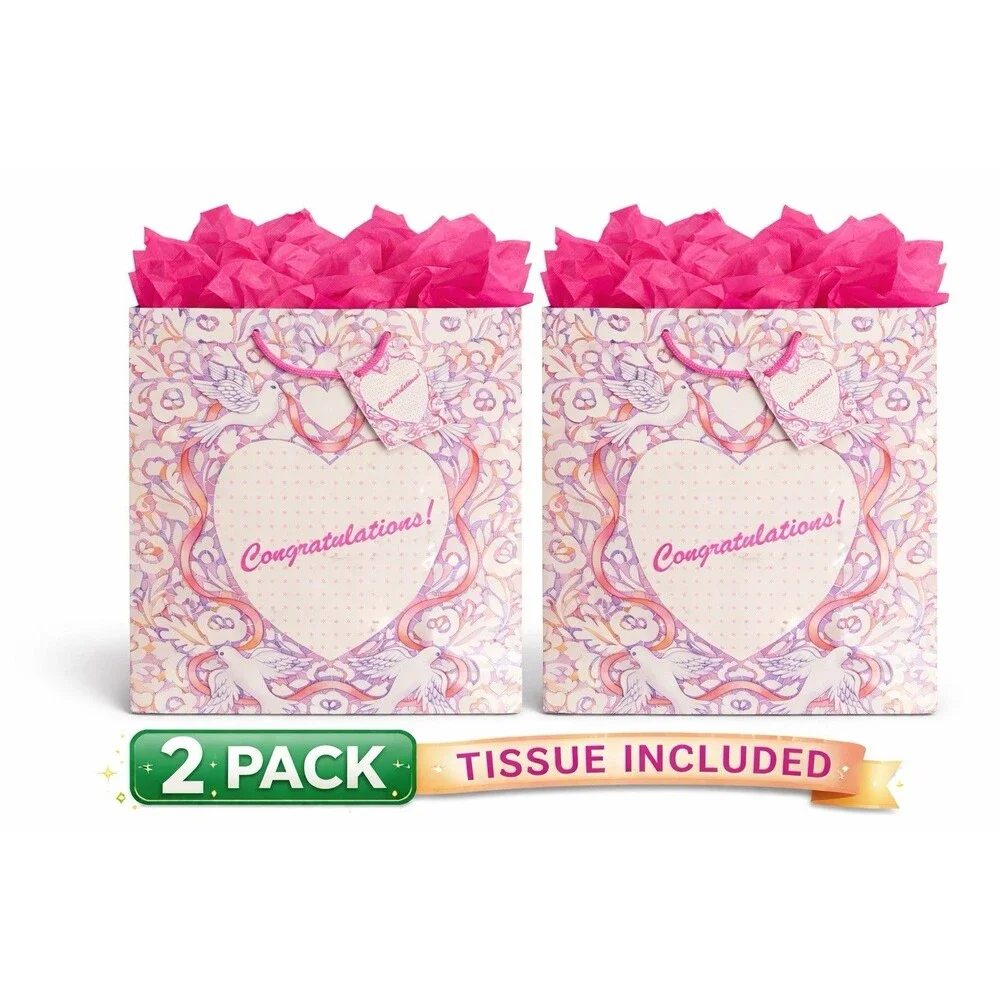 2 Pack Congratulations Gift Bags w/ Tissue Paper Birthday Graduation Baby Shower